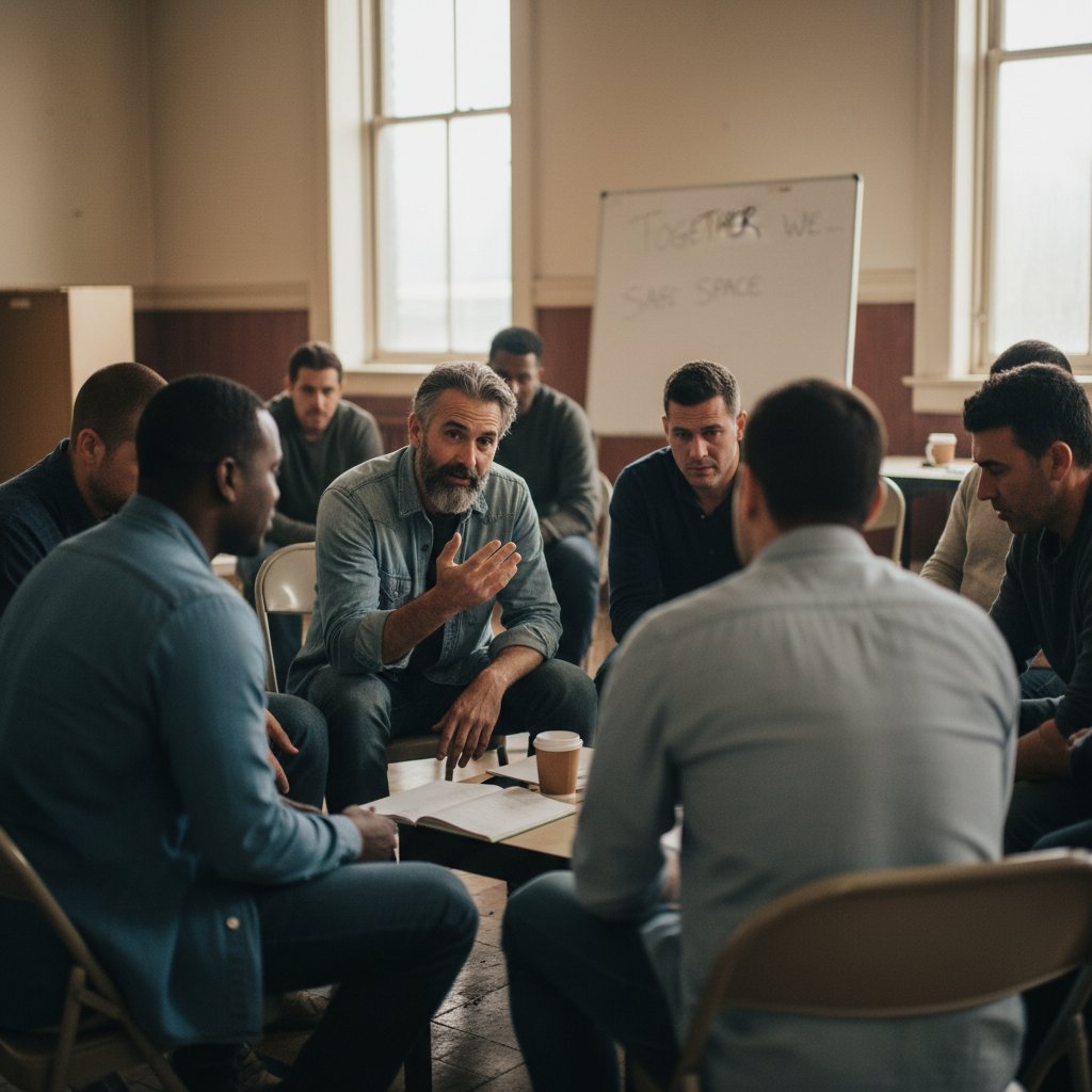 Spotkanie grupy wsparcia dla mężczyzn w polskim ośrodku, empatyczna atmosfera