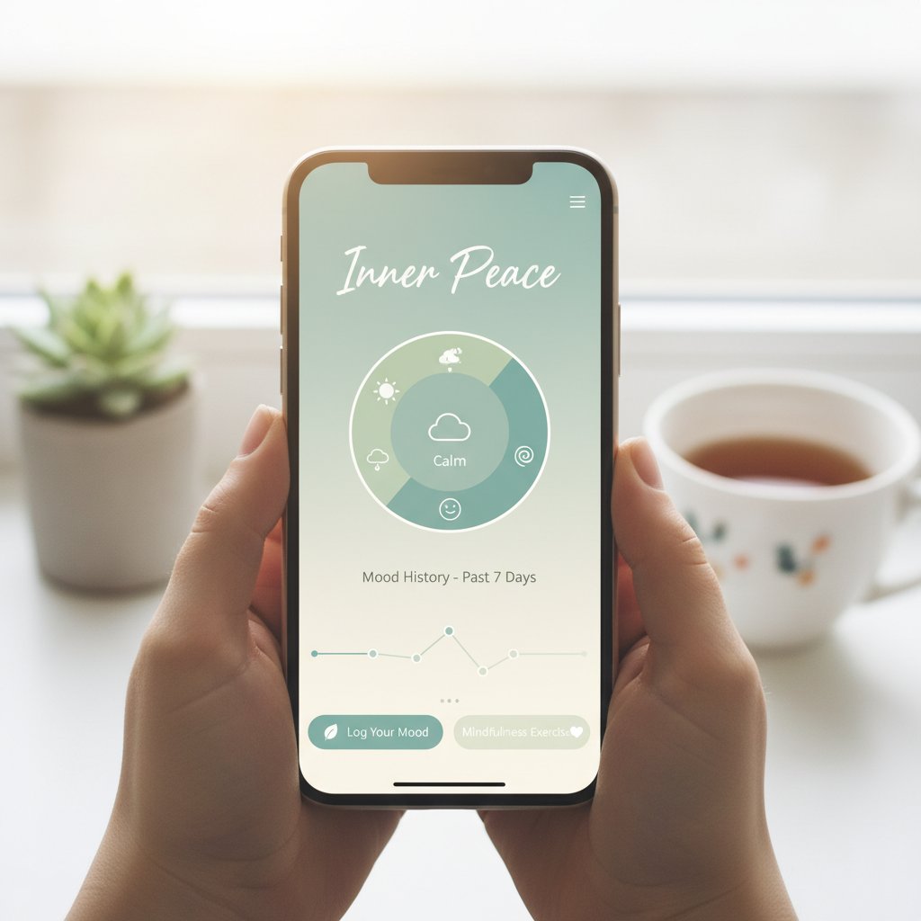 Osoba patrząca na ekran smartfona z aplikacją do monitorowania nastroju, spokojna atmosfera