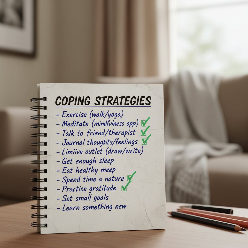 Zbliżenie na notatki dotyczące radzenia sobie z zaburzeniami nastroju, przykładowa checklist dla zdrowia psychicznego