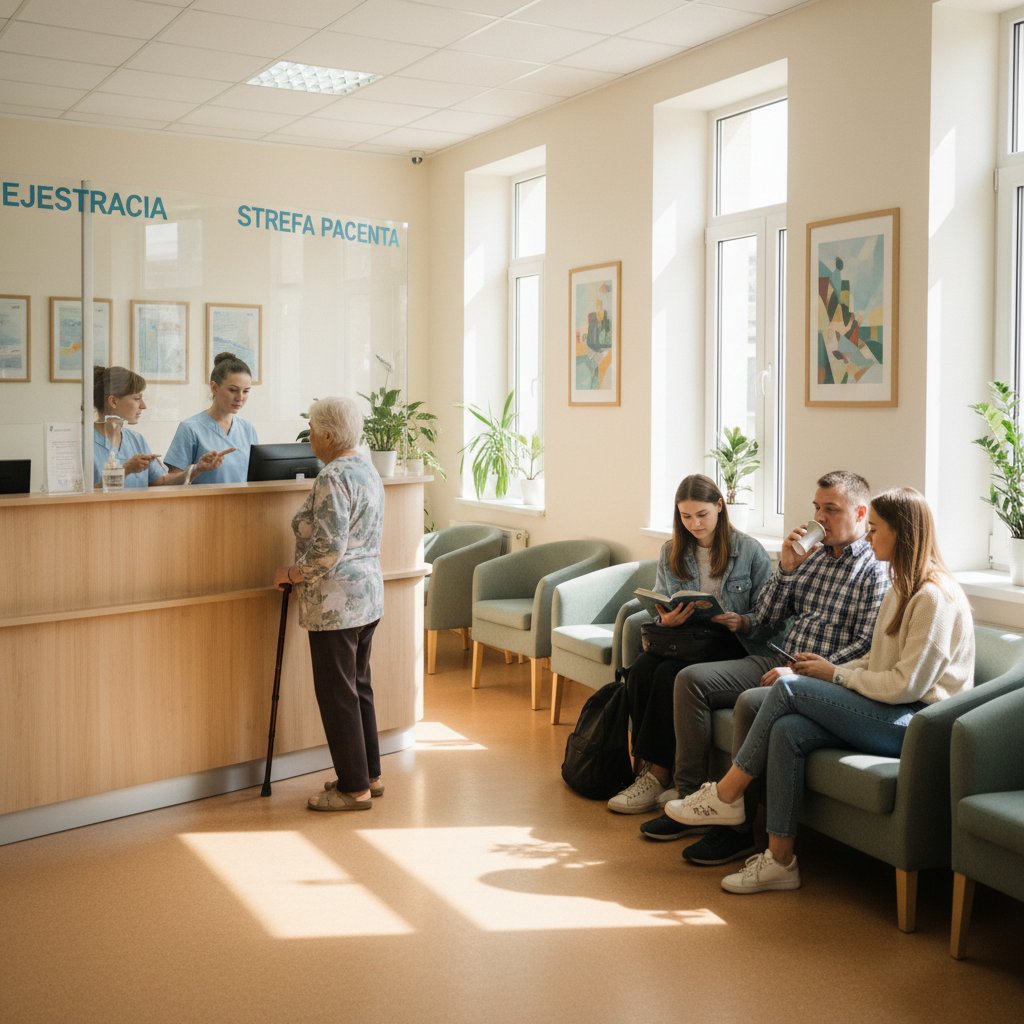 Rejestracja pacjenta w polskiej poradni zdrowia psychicznego, autentyczna scena poczekalni