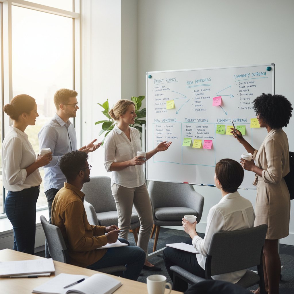 Grupa specjalistów CZP podczas porannej odprawy, tablica z notatkami, zaangażowana atmosfera