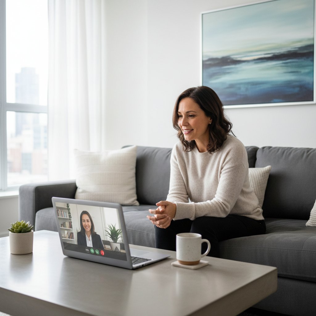 Zdjęcie osoby w domowym wnętrzu prowadzącej wideorozmowę z terapeutą — technologia zdrowia psychicznego, laptop, nowoczesna atmosfera