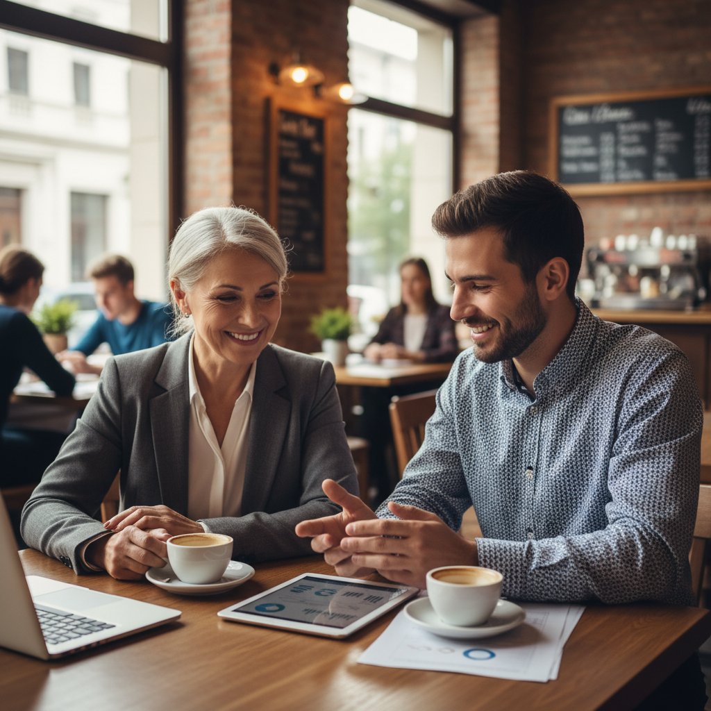 Mentor i mentee podczas nieformalnej rozmowy w kawiarni, relacja partnerska w polskim biznesie