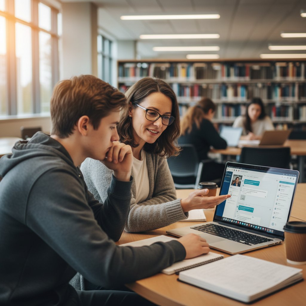 Mentor i uczeń omawiają wyniki rozmowy z AI na ekranie laptopa