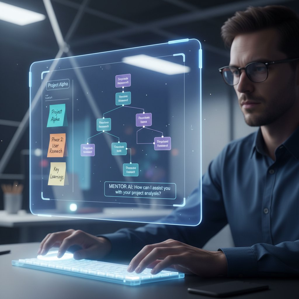 Mentor AI – ekran komputera z widocznym dialogiem mentoringowym, osoba robi notatki, atmosfera skupienia