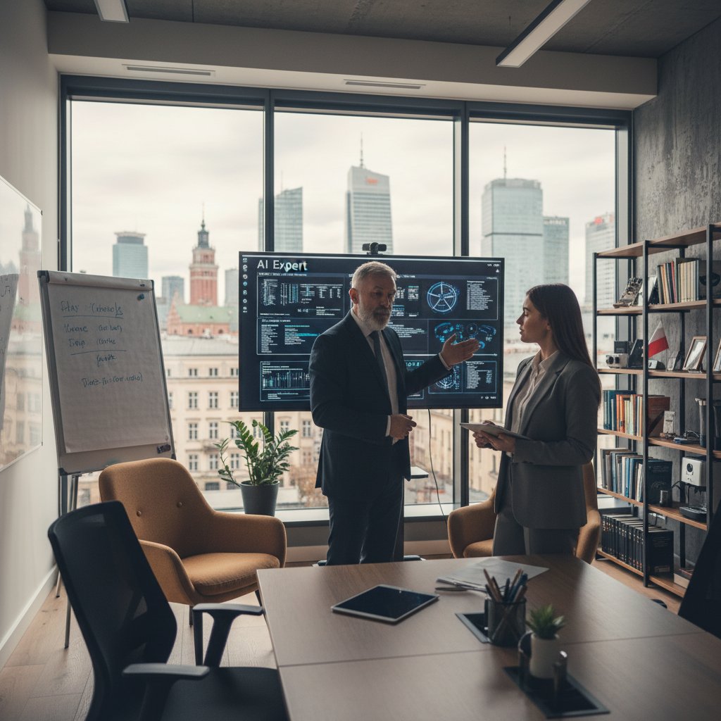 Mentor lub ekspert AI doradzający młodemu marketerowi w biurze, polski kontekst