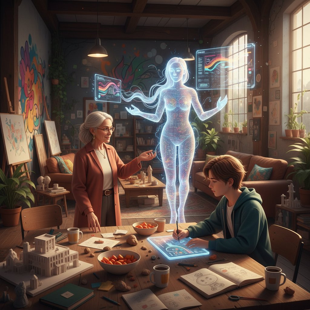 Osoba konsultująca się z mentorem lub AI podczas nauki trudnych zagadnień, kreatywna atmosfera