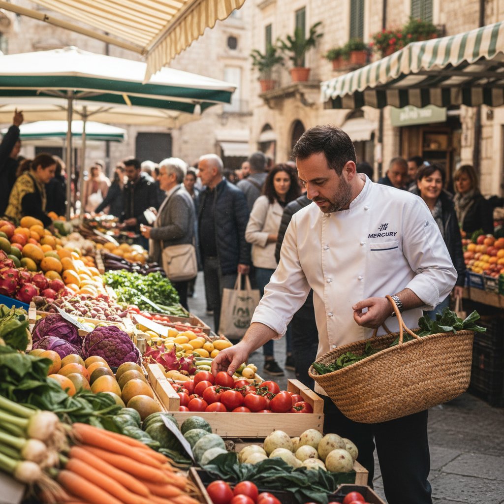 Mercure chef at local outdoor market choosing produce, vibrant and lively scene