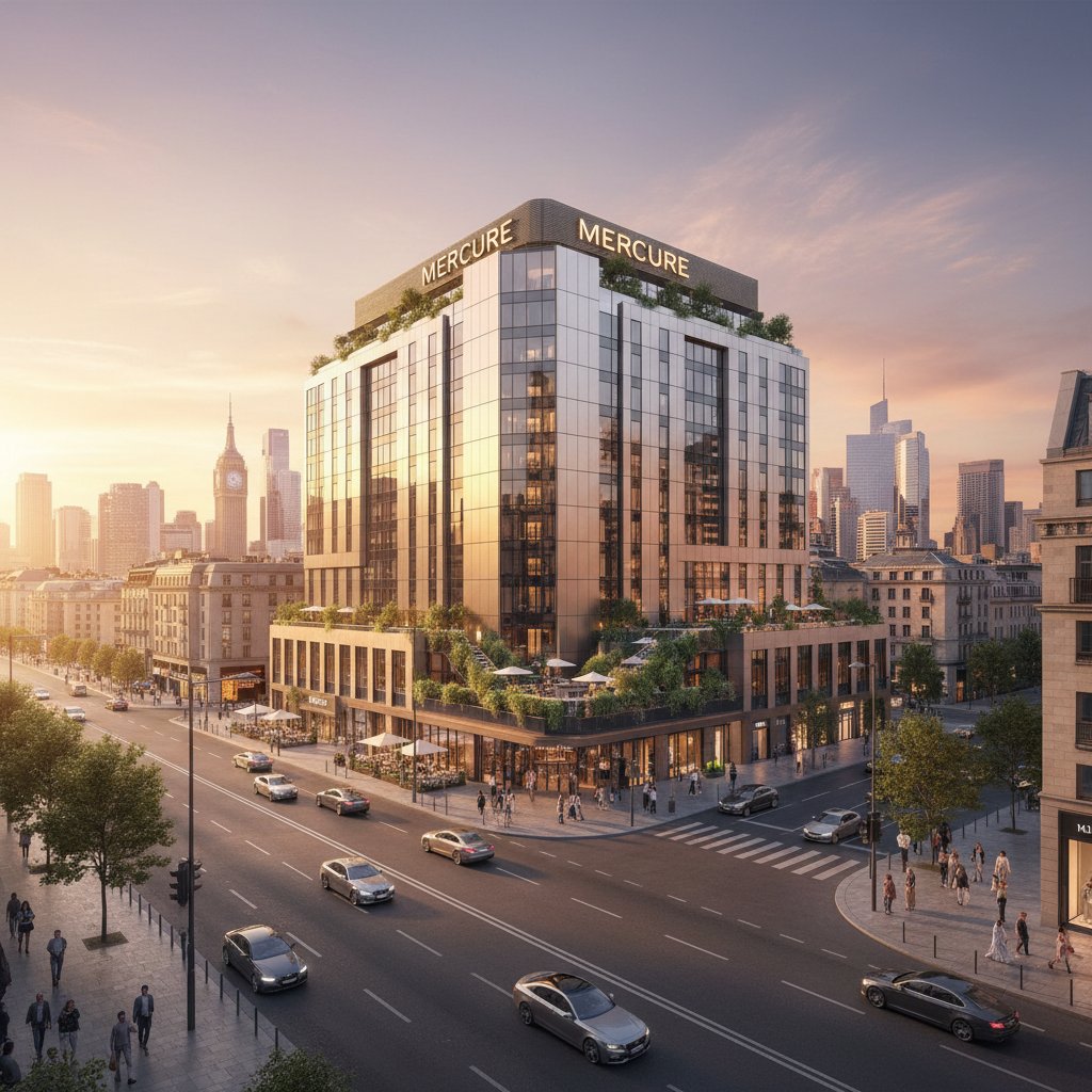 Iconic Mercure exterior in famous city during golden hour, urban center, aspirational mood, sharp