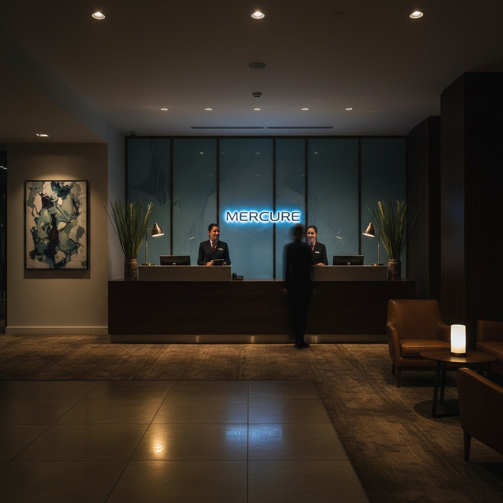 Mercure front desk at night, staff chatting quietly in dimly lit lobby, moody atmosphere