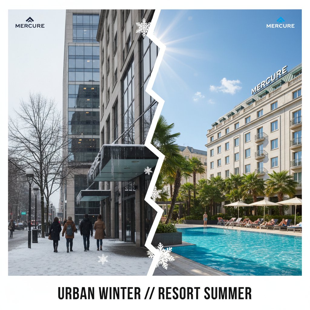 Mercure hotel split-screen winter and summer, bustling urban vs. tranquil resort, dynamic seasonal scene
