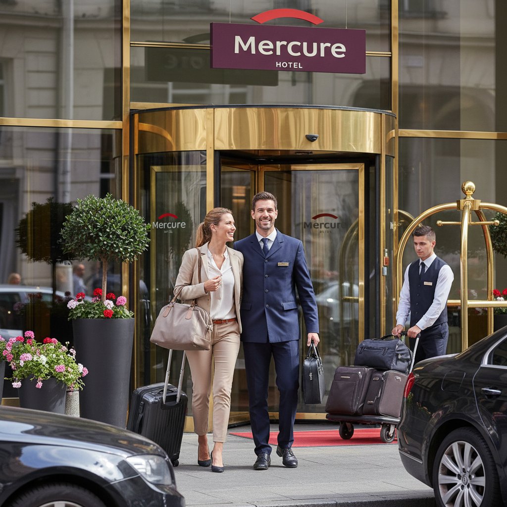 Mercure staff assisting guests with luggage, busy entrance, energetic, sharp focus