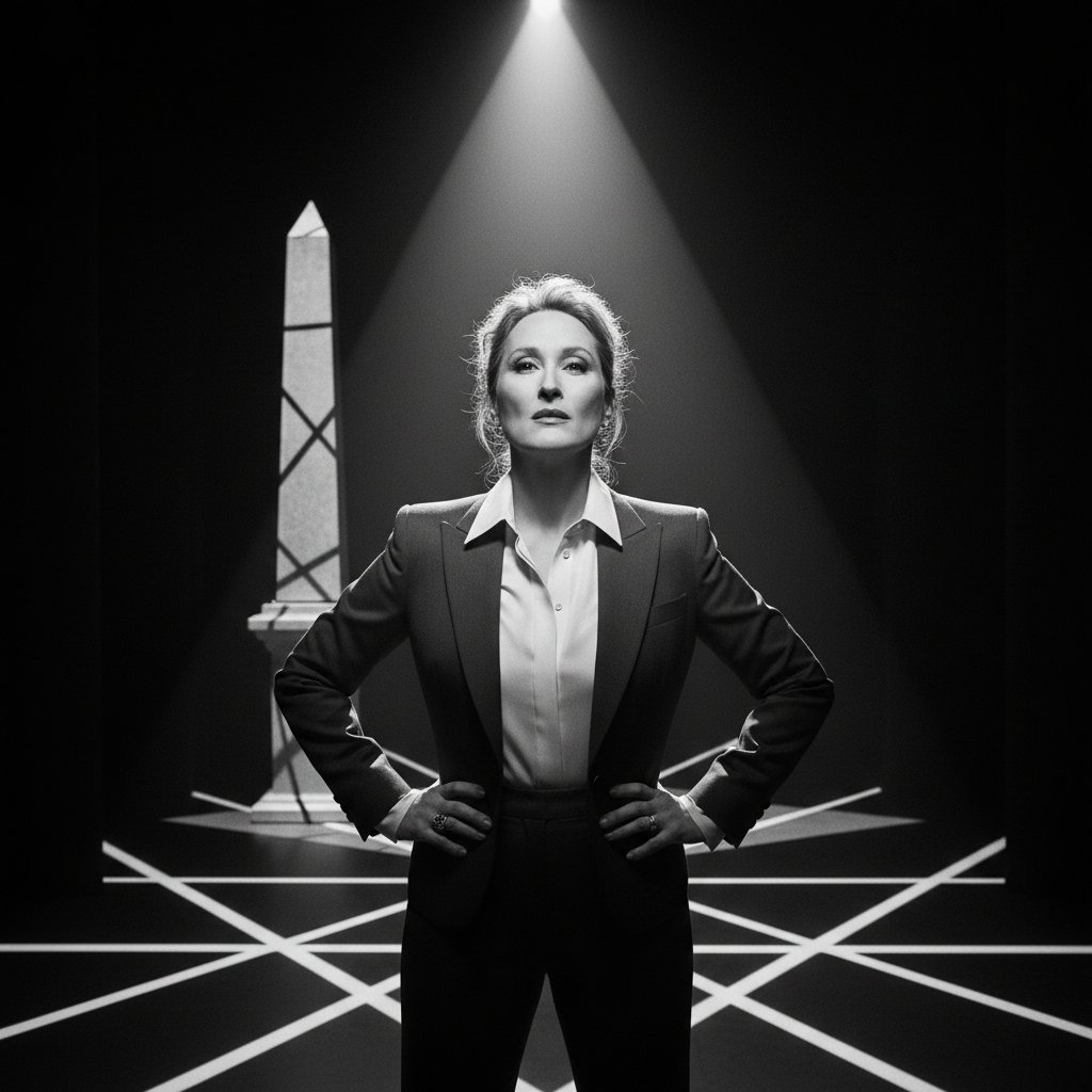 Artistic rendering of Meryl Streep in a power pose, monochrome, symbolic lighting, exemplifying her impact on meryl streep movies and gender in Hollywood.