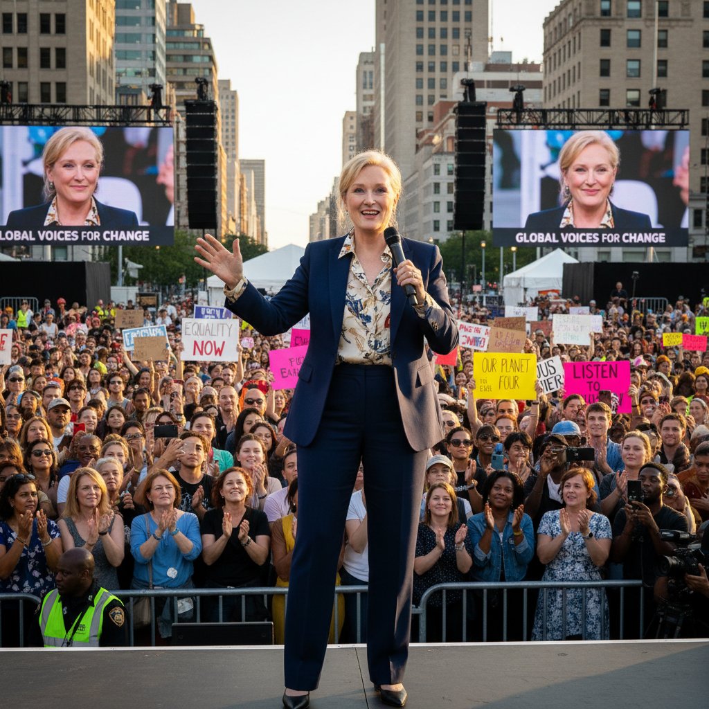 Meryl Streep at a public event, speaking passionately to a vibrant crowd. The photo captures her activism and real-world impact.