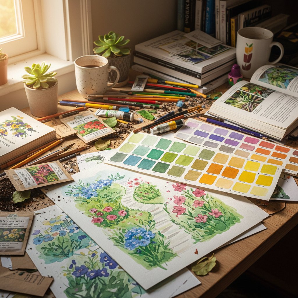 Biurko pełne szkiców ogrodowych, wzorników kolorów i paczek nasion, symbolizujące kreatywny chaos początku planowania