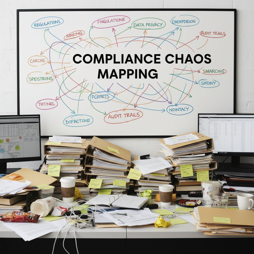 Photo of a messy desk with paper files and a digital overlay, representing mapping manual compliance chaos