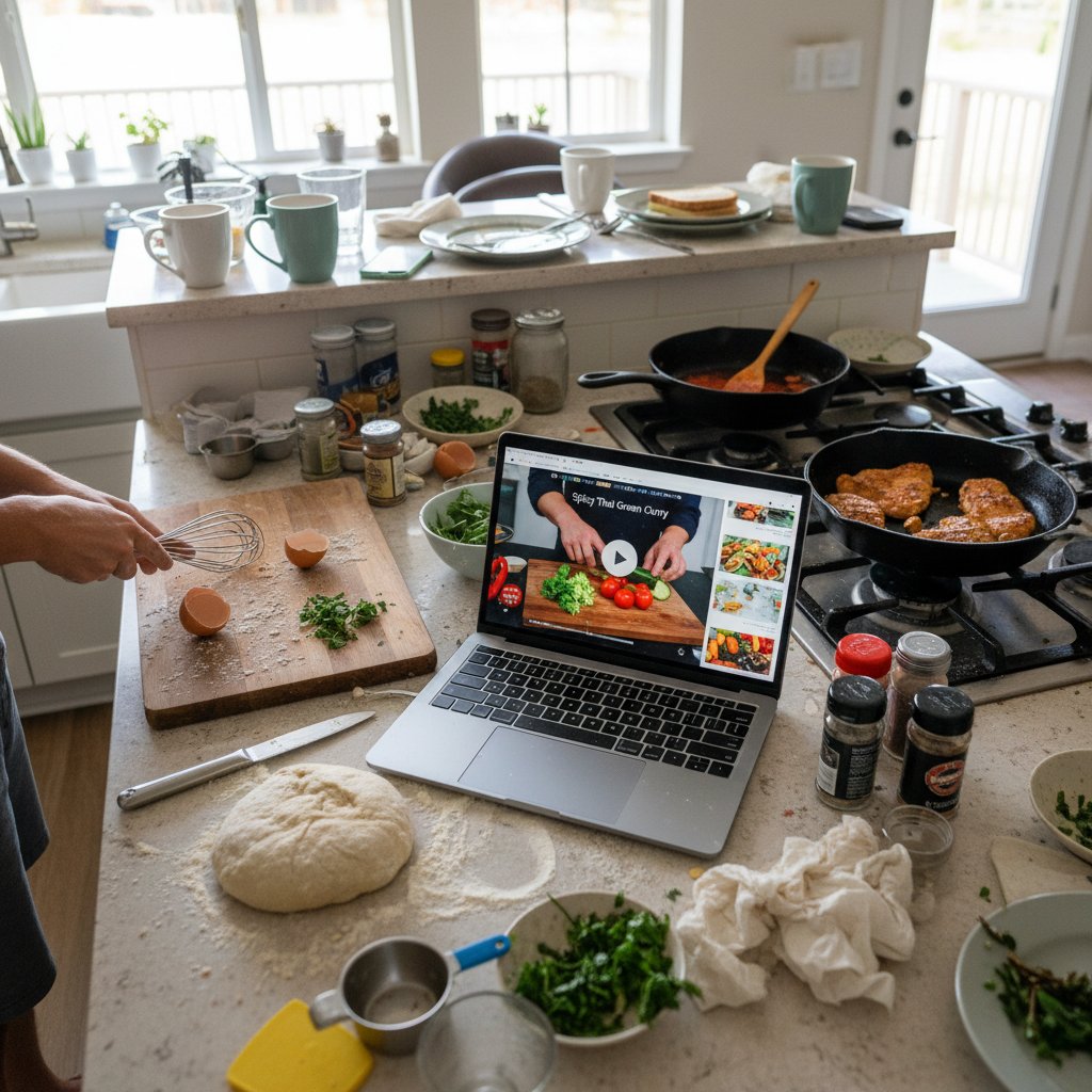 Domowa kuchnia w trakcie nauki gotowania online