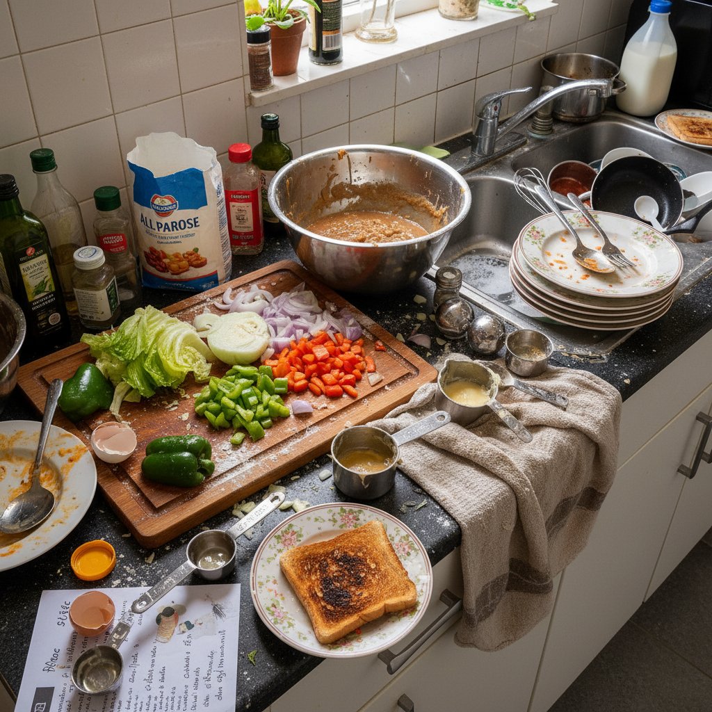 Blat kuchenny z rozrzuconymi składnikami i brudnymi narzędziami – chaos początkującego kucharza