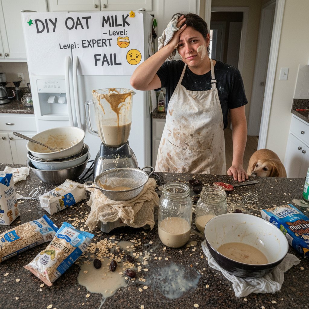 Zabałaganiona kuchnia po nieudanym eksperymencie z mlekiem owsianym, rozlane mleko, porzucone blender, humorystyczny nastrój