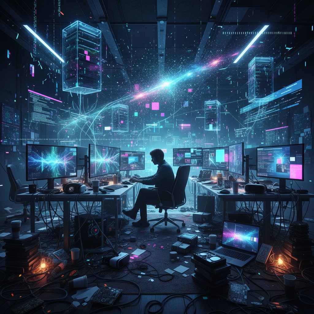 Messy office with digital data overlays symbolizing information overload and data chaos