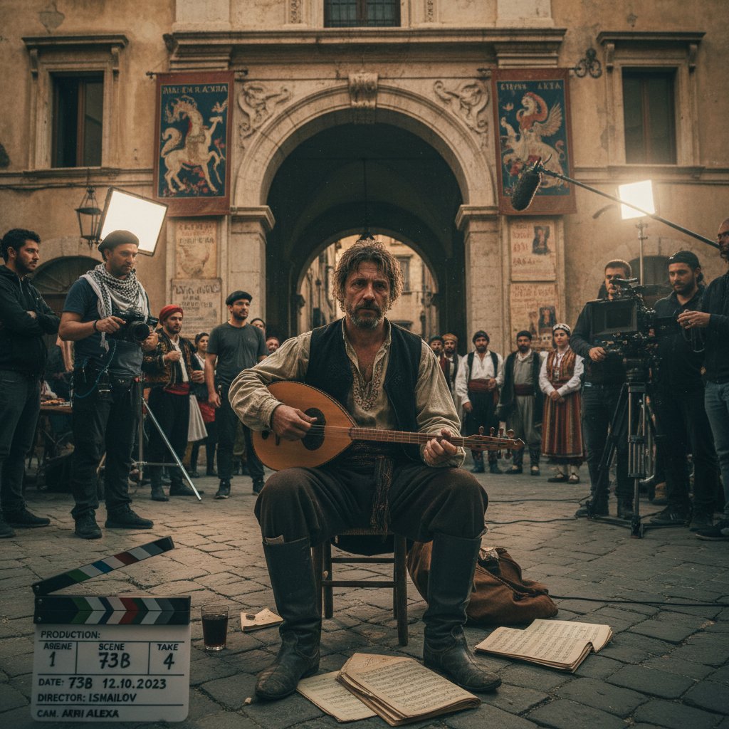 A European film set with an actor in deep character, blending method acting and local culture