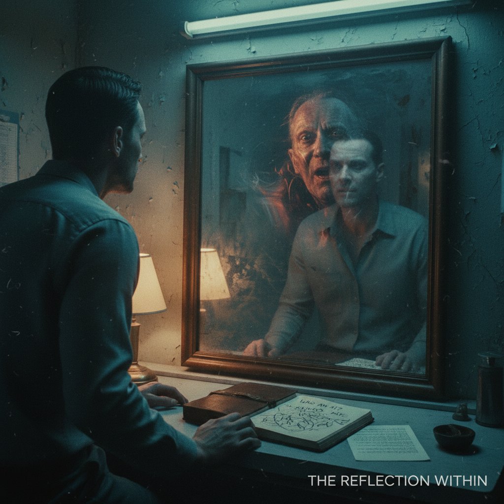 A solitary actor staring at their reflection, haunted expression, method acting identity crisis