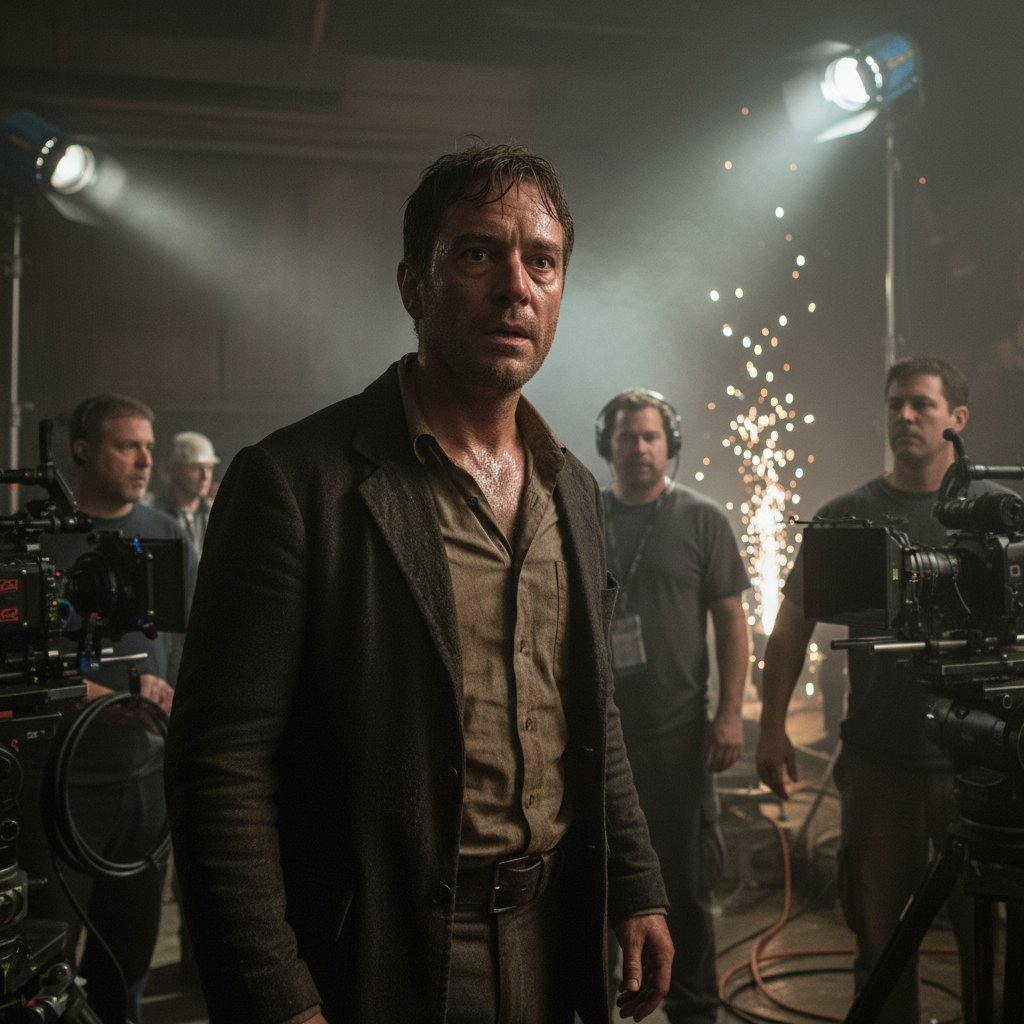 An intense actor lost in character on a film set, scripts scattered, electric mood, method acting movies