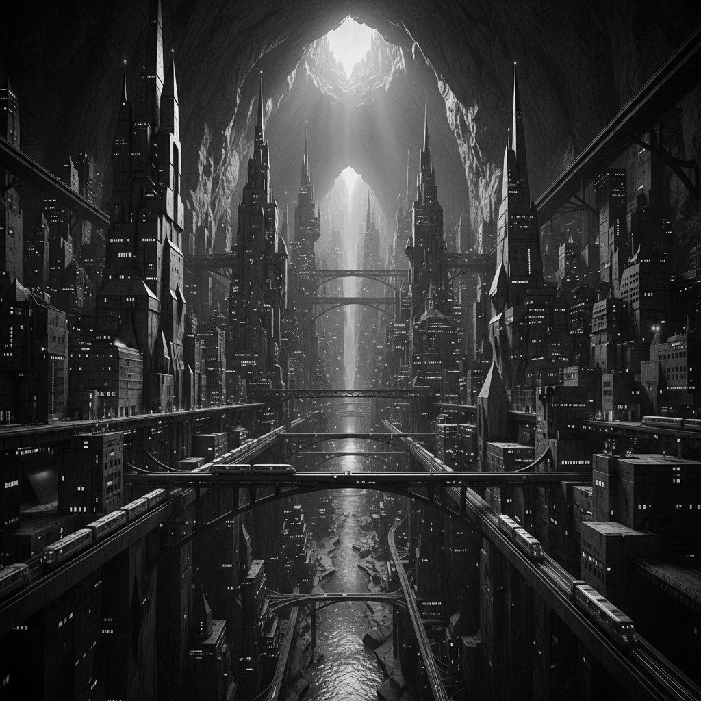 Iconic underground city scene from Metropolis with black-and-white stylized shot and angular architecture