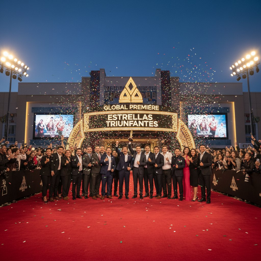 Mexican cast and crew celebrating at a global premiere, representing international success of Mexican movies