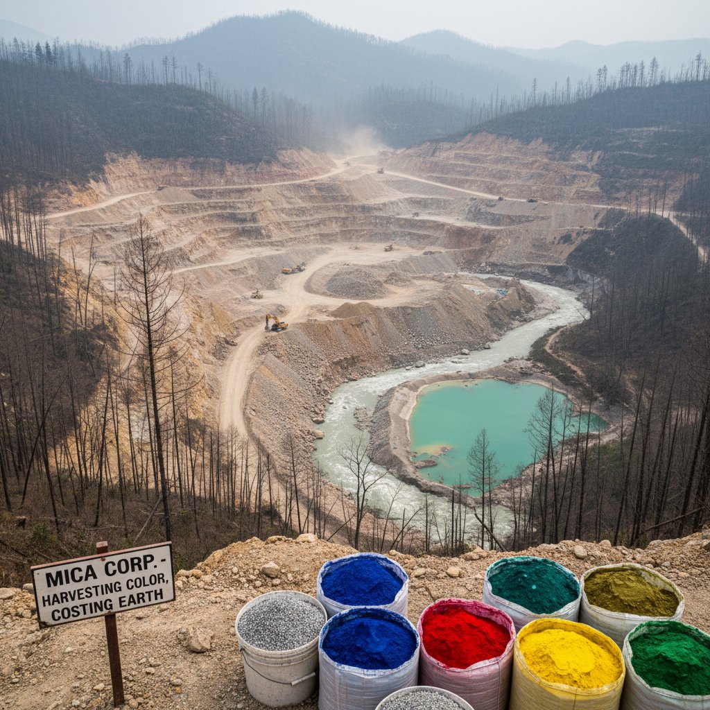 Raw mica being processed for paint pigments, industrial mining site visible
