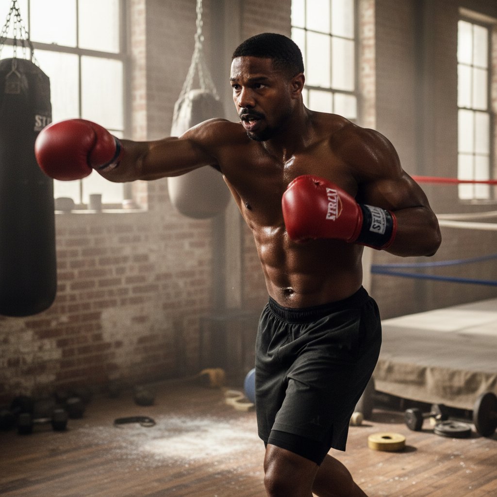 Dynamic, action shot of Michael B. Jordan training as Adonis Creed