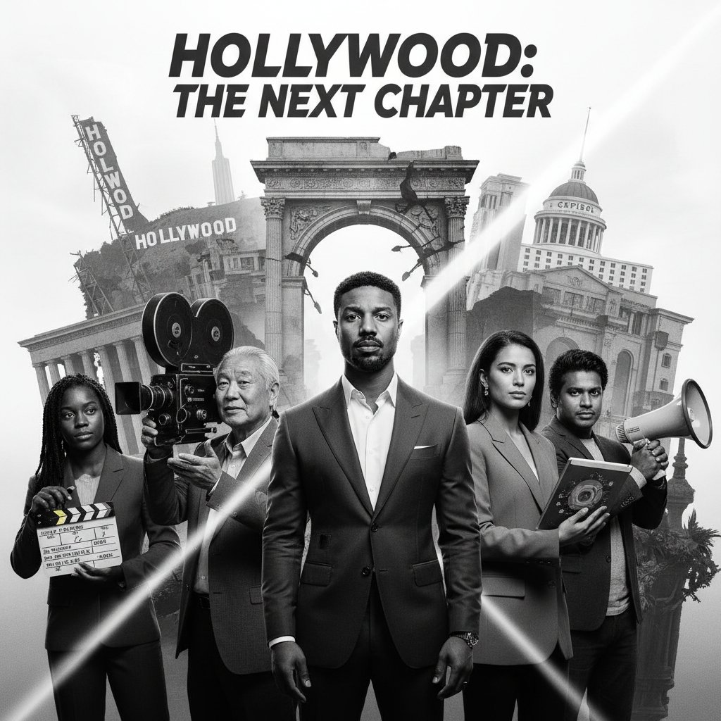 Symbolic, high-contrast photo of Michael B. Jordan standing among diverse filmmakers