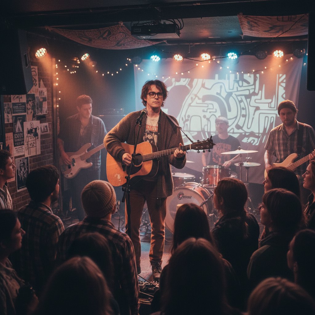Michael Cera inspiring indie subculture, stylized indie concert scene