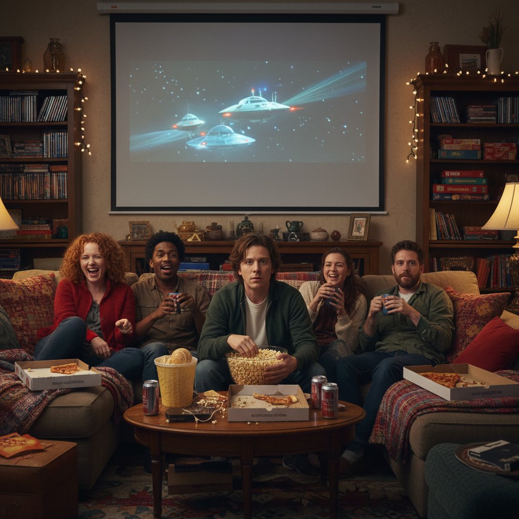 Michael Cera movie night, playful illustration, friends watching together