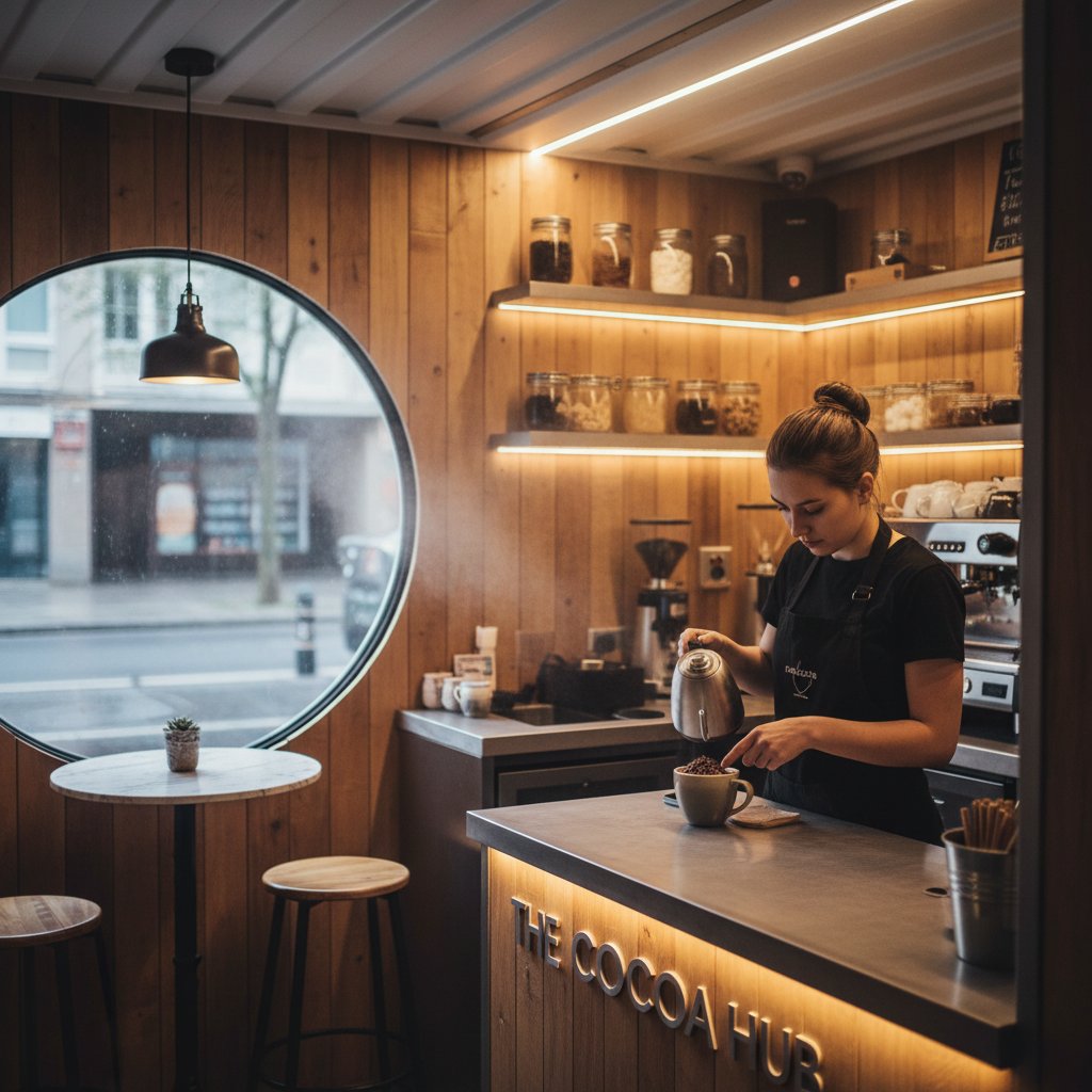 Wnętrze mikrokawiarni, barista przygotowujący napój z kakao, nowoczesny design