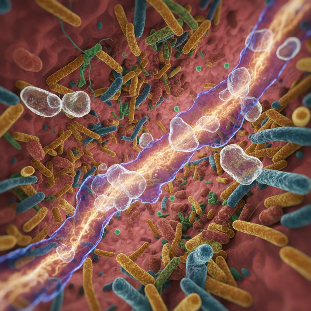 Mikroskopijny widok bakterii jelitowych – mikrobiom i enzymy. Słowa kluczowe: mikrobiom, enzymy trawienne, bakterie jelitowe