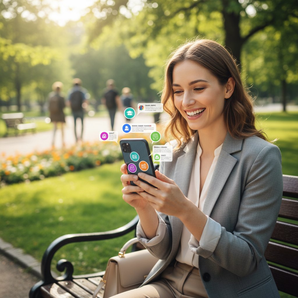 Osoba korzystająca z aplikacji mikro-nauczania na smartfonie, relaks na ławce, kobieta z uśmiechem, biznesowy klimat