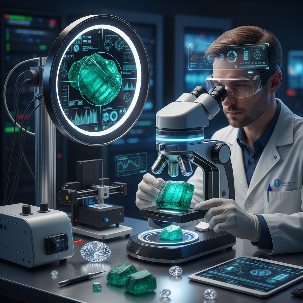 Zbliżenie na mikroskop oraz próbki szmaragdów i diamentów badanych przez gemmologa – technologia a autentyczność