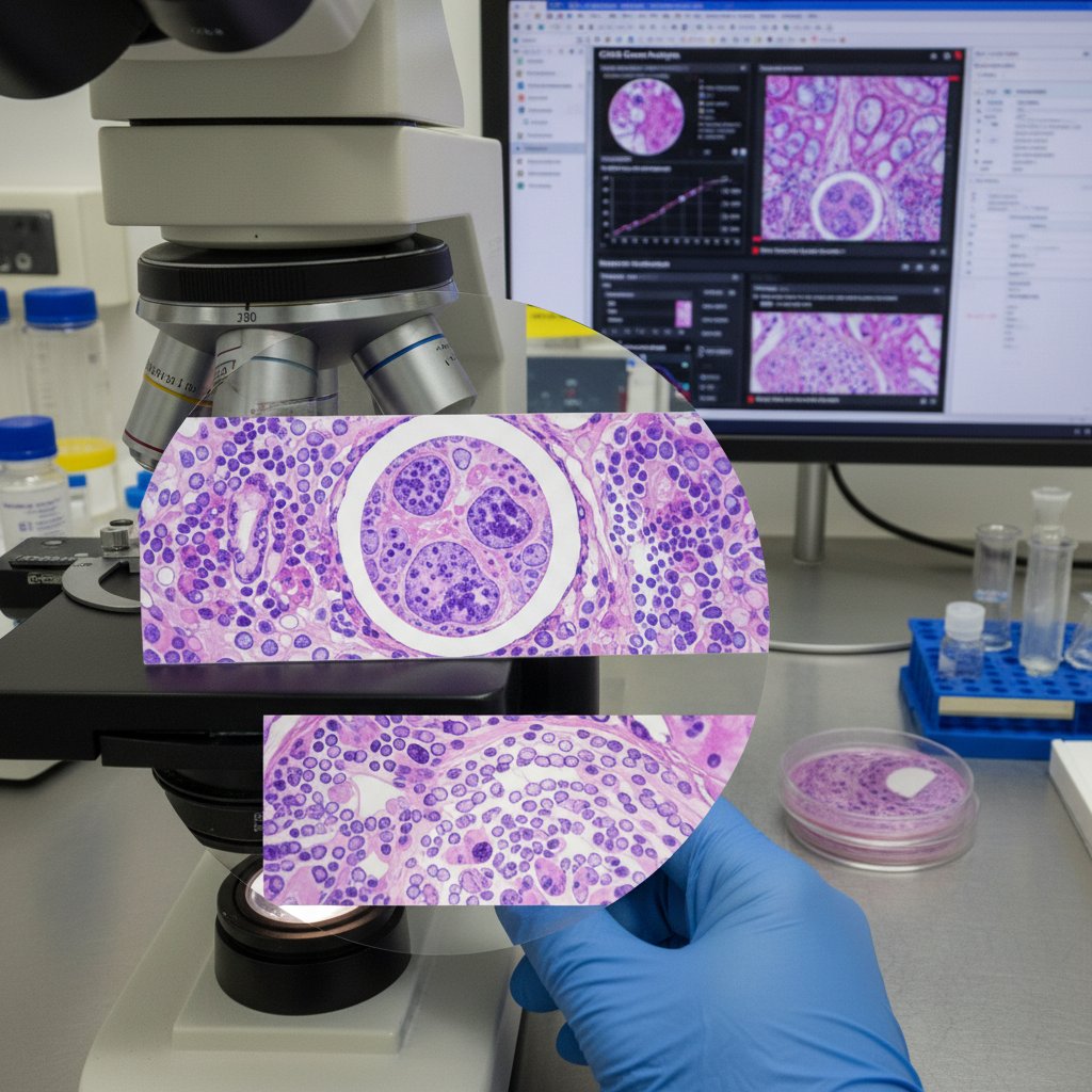 Zdjęcie mikroskopu z widocznymi preparatami histopatologicznymi, symbolizujące analizę granicy między CIN a nowotworem