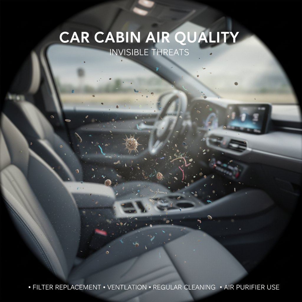 Microscopic pollutants floating inside a car's cabin, illustrating invisible airborne threats to air quality and health