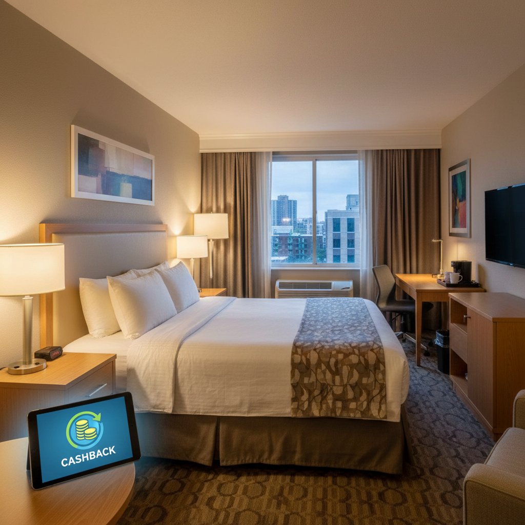 Pokój w średniej klasy hotelu, widoczne logo cashback na tablecie podróżnika