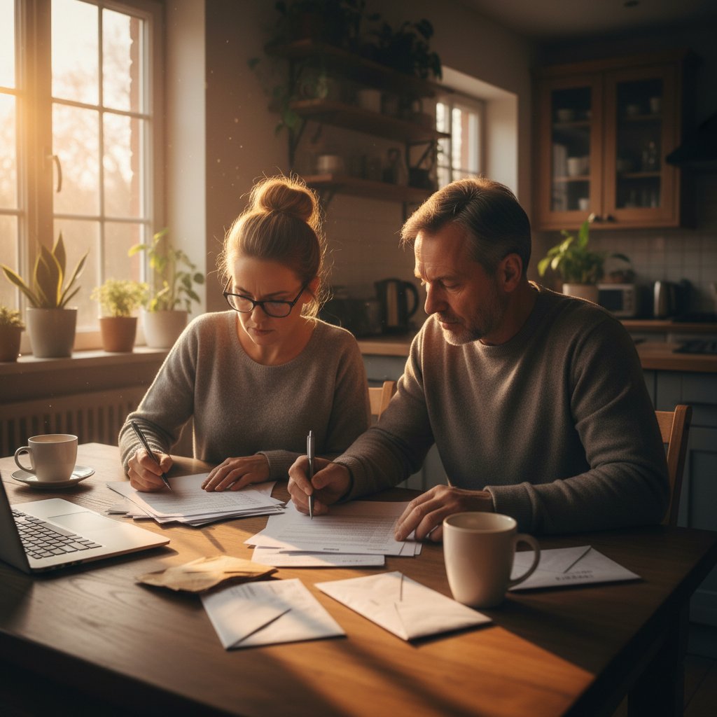 Para w średnim wieku wypełniająca dokumenty przy kuchennym stole, wieczorne światło – rodzina zastępcza