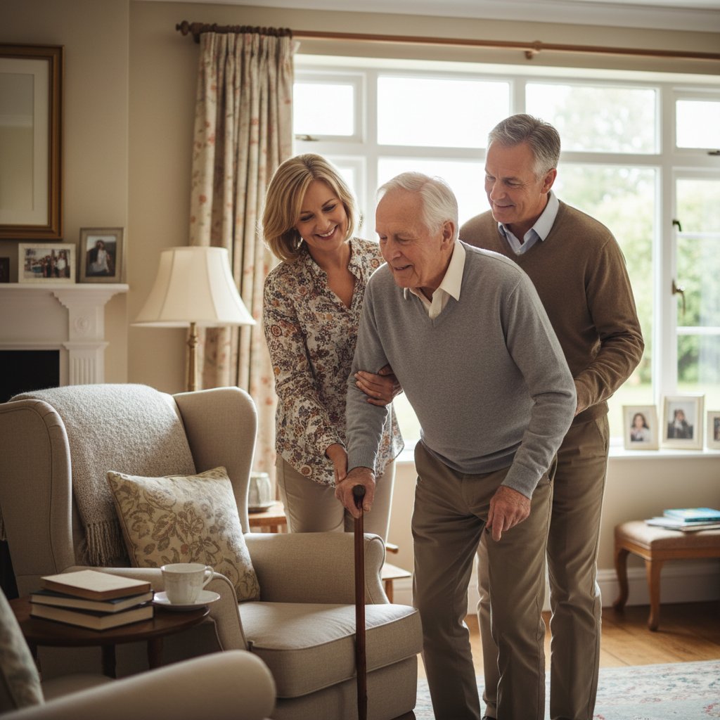 Mężczyzna i kobieta w średnim wieku pomagają seniorowi w przejściu przez pokój, wsparcie opiekunów w praktyce