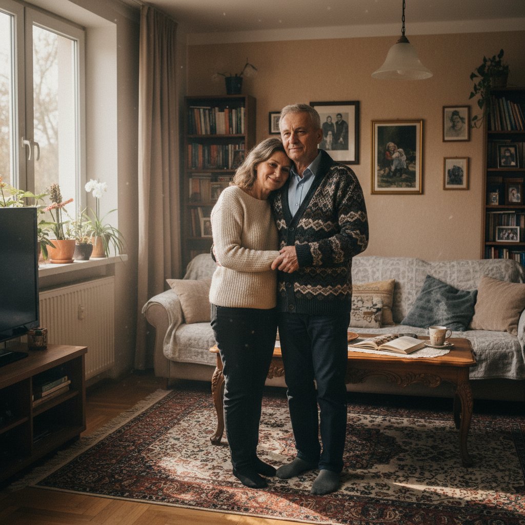 Para w średnim wieku wspierająca się w polskim mieszkaniu, ciepła atmosfera