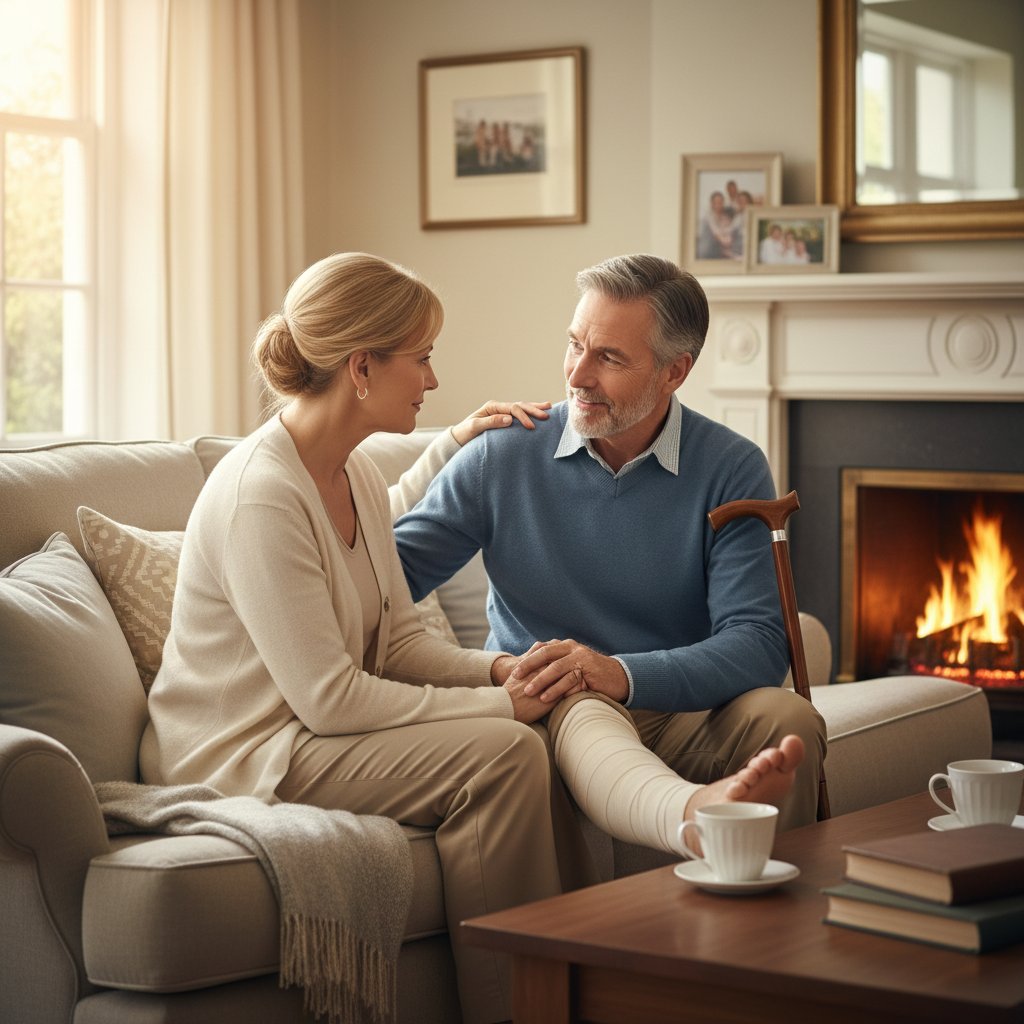 Para w średnim wieku rozmawiająca w domowym zaciszu, wzajemne wsparcie po operacji endoprotezy, ciepła atmosfera