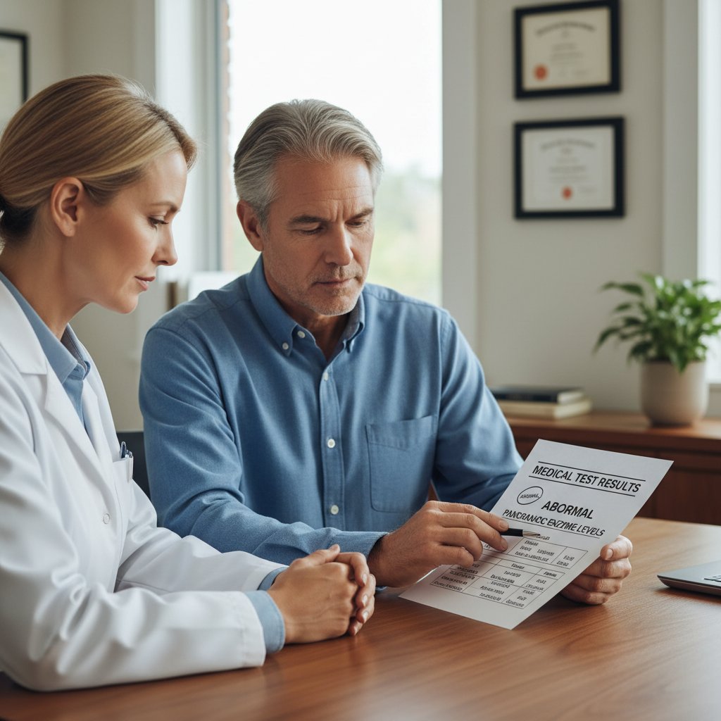 Mężczyzna w średnim wieku rozmawiający z lekarką, kartka z wynikiem – przypadki kliniczne elastazy trzustkowej