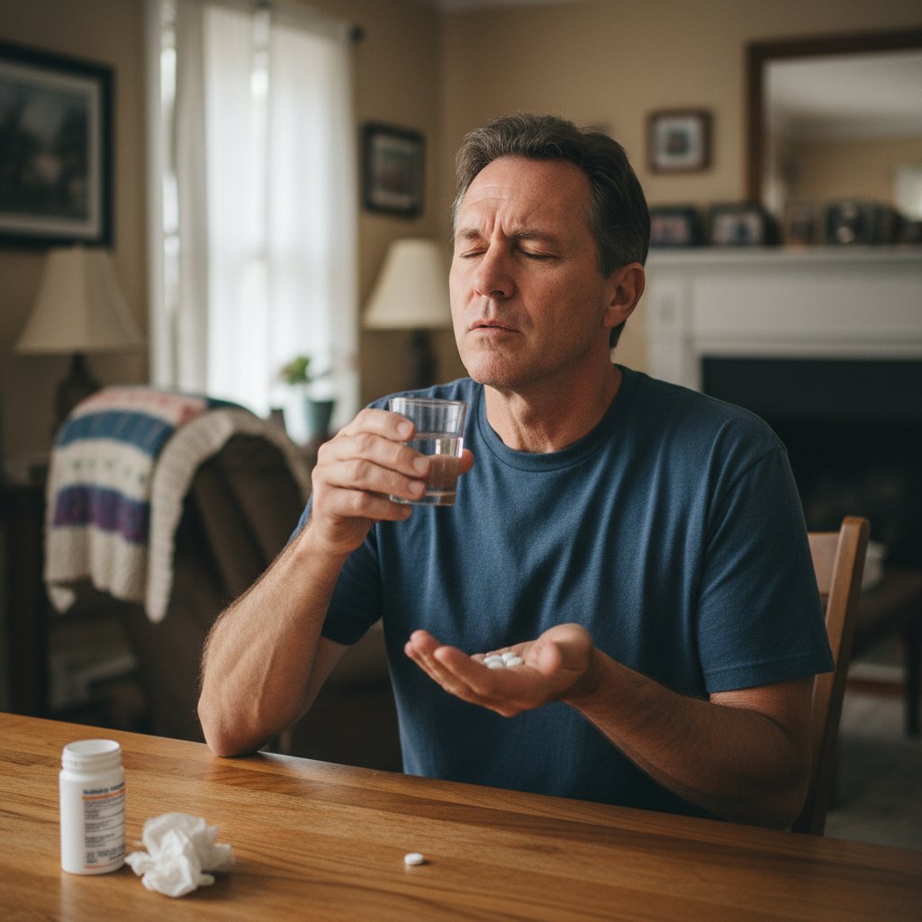 Mężczyzna z trudem połyka tabletki po chorobie, trudności w połykaniu po infekcji