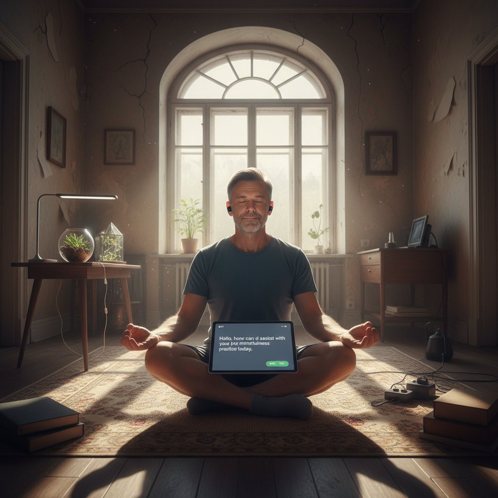Mężczyzna w średnim wieku medytuje z ChatGPT na tablecie, wnętrze starego mieszkania