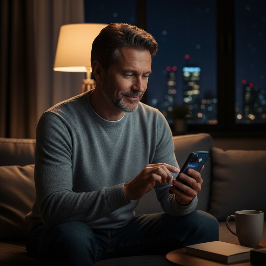 Mężczyzna w średnim wieku rozmawia przez smartfona nocą, światło z ekranu odbija się od twarzy