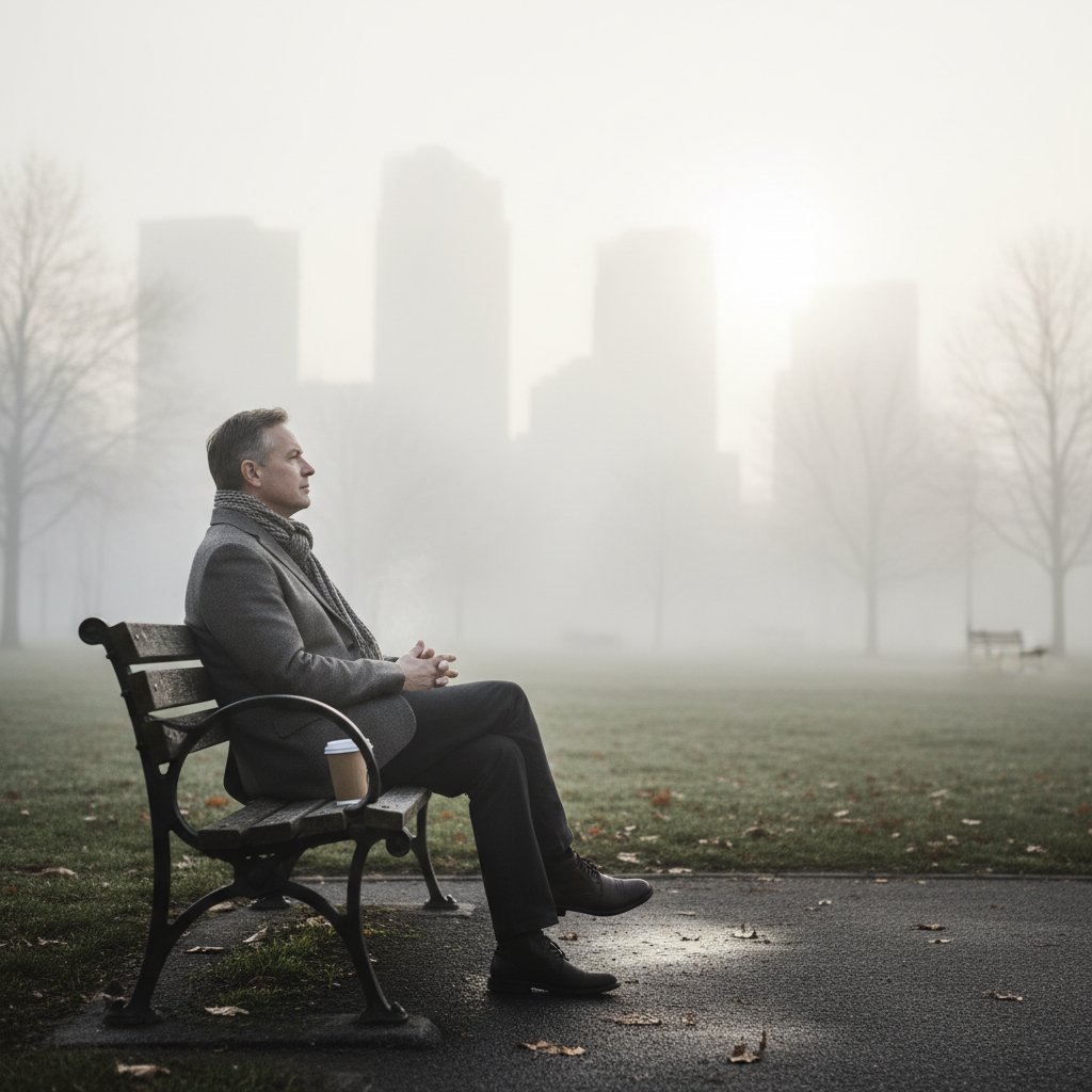 Mężczyzna w średnim wieku zamyślony na ławce w parku we mgle